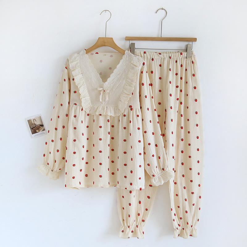 Autumn and Winter Women Pajamas Long-Sleeved Trousers 2-Piece Set 100% Cotton Flower Print Homewear Ladies Pajamas