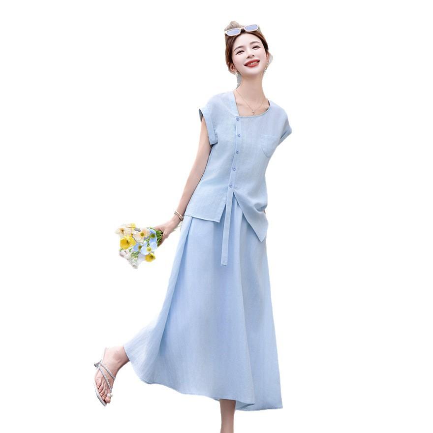 Fashion Linen Blend Shirt Set Skirt Women's Summer New Skirt Wear a Complete Set