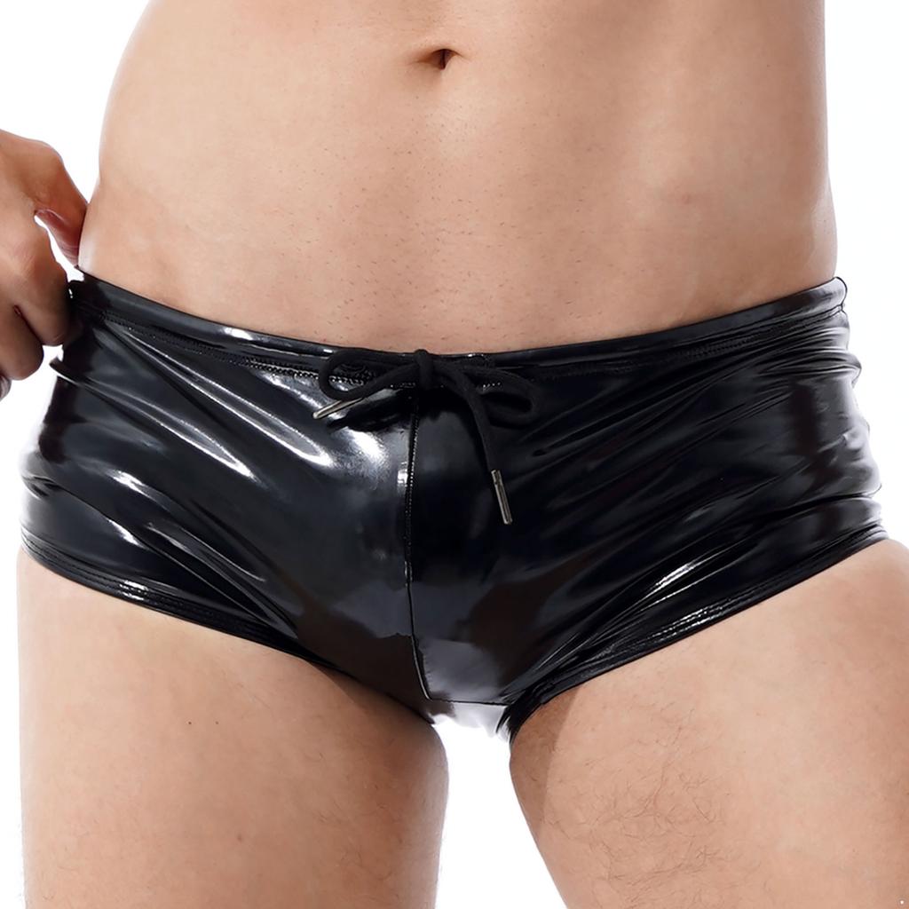 Patent Leather Boxer Men Lingerie Wet Look Panties Trunks Low Rise Sheath Fitness Drawstring Underwear Shorts Party Clubwear New
