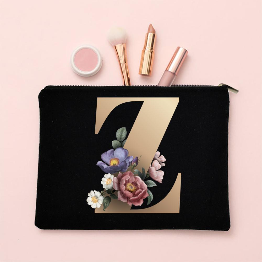 Alphabet Floral Makeup Bag Bridesmaid Maid of Honor Holiday Wedding Bachelorette Party Gift Canvas Cosmetic Zipper Storage Pouch