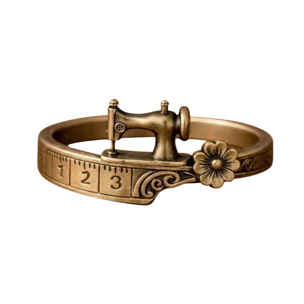 Vintage Sewing Machine Ring Adjustable Band with Measuring Tape Design and Floral Accent Metal Jewelry Accessory for Craft Enthusiasts