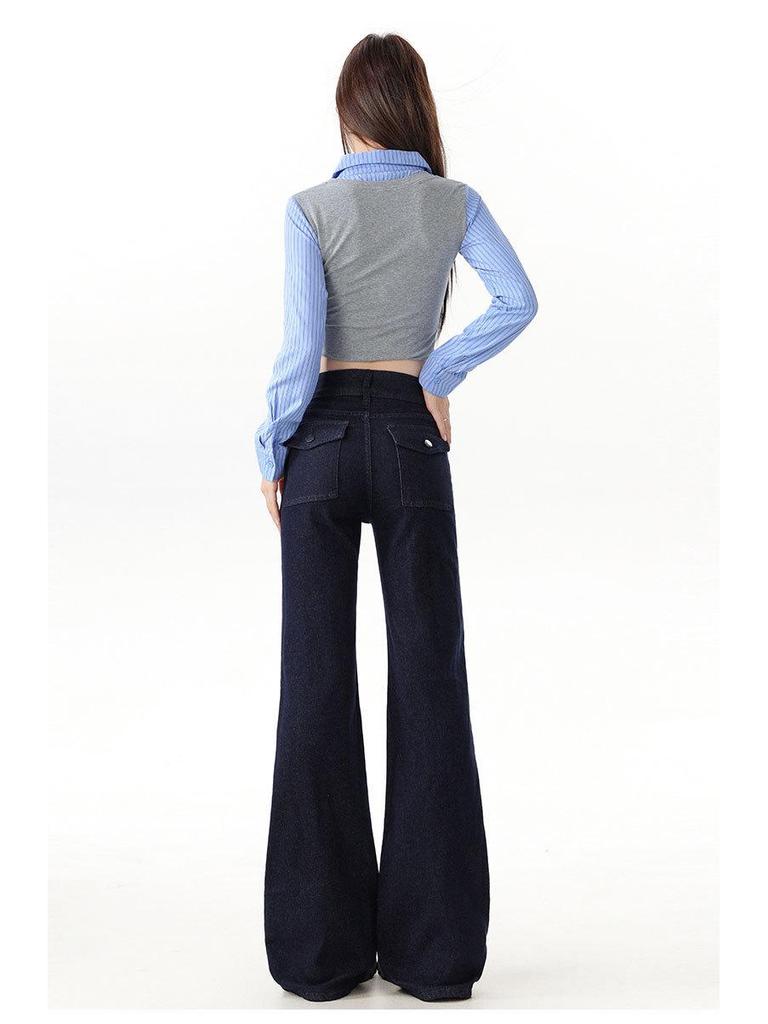 Women's 2025 Denim Blue Flare Jeans, Double Button, Slimming Floor-Length with Unique Back Pockets, Early Autumn Design.