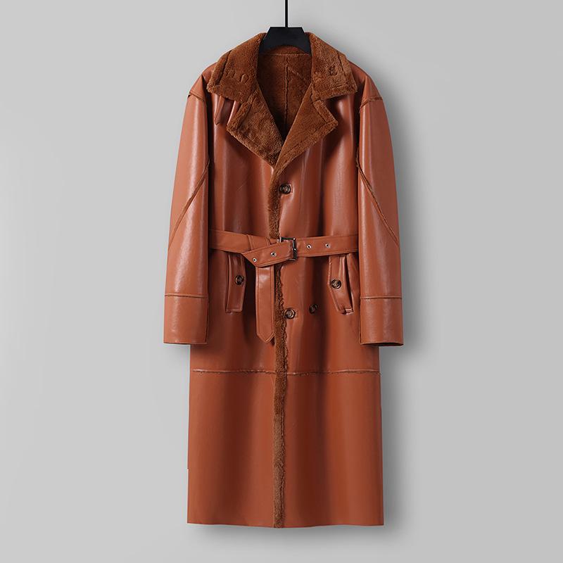 Men's Plus Size Fur-Lined Long Faux Leather Trench Coat