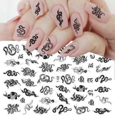 New Black Gothic Style Dragon Snake Nail Stickers 3D Cool Skeleton Flowers Print Design Adhesive Sliders Manicure Nail Decals