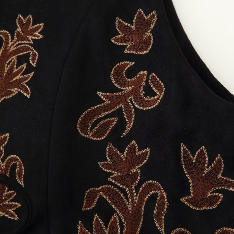 Womens Ethnic Style Mirror Embroidery Vest With Tie Front Loose Fit Short Length Winter