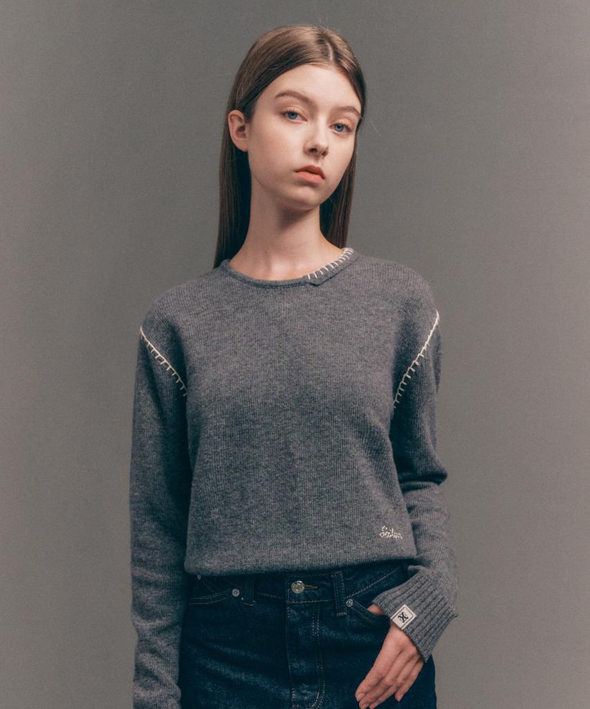Seteo (W) Contrast Stitch Semi-Crop Knit Charcoal