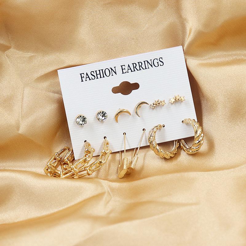 European & American Geometric C-Shaped Hoop Earrings: 6-Piece Gold & Pearl Wire-Wrapped Set for Women