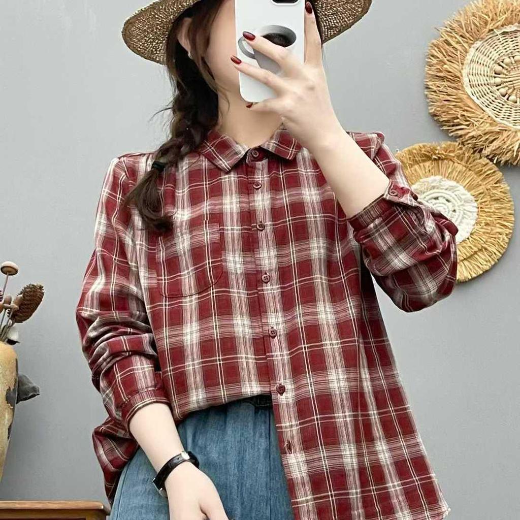 Women's Autumn Plaid Double-Layer Long-Sleeve Cotton Shirt - Japanese Style, Soft, Skin-Friendly, Breathable