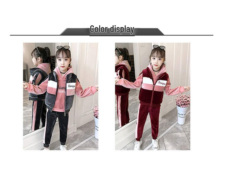 Girls' Winter 3-Piece Set: Sweatshirt, Pants, Vest - Thickened for 2025 Autumn/Winter. Suitable for Middle and Big Kids.