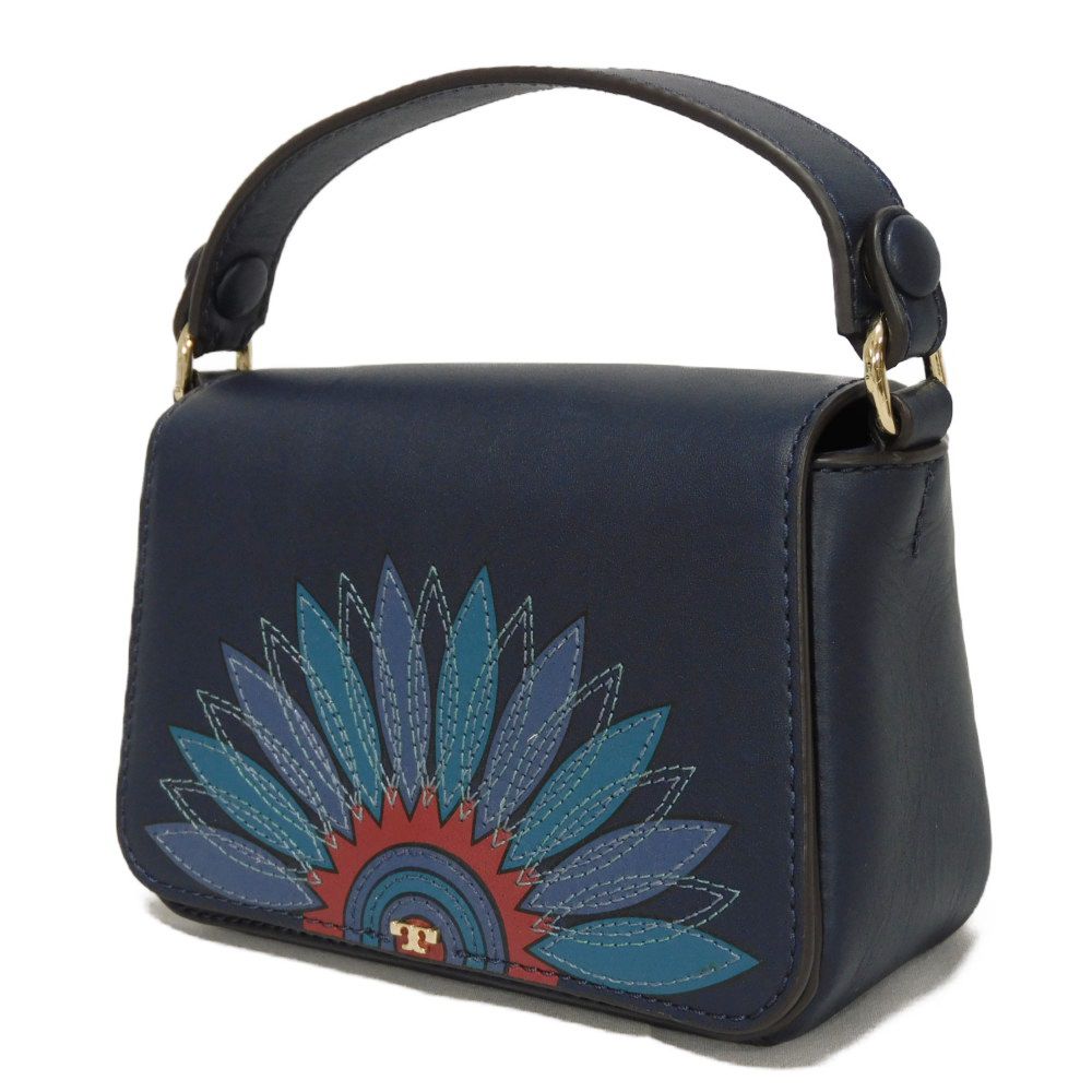 Used Lilium Micro Satchel (10833) 29046 7922 Lily Flower Applique 2-Way Shoulder Bag with T Logo, Navy, Women's from
