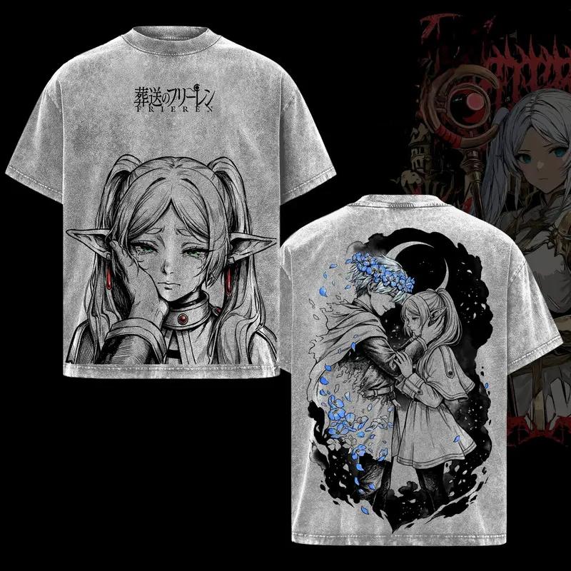 

Аниме Фрирен, после конца путешествия, Футболка Винтажная стираная футболка Мужская Женская Одежда Оверсайз С коротким рукавом Хлопковые футболки Топы S серый