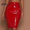 Slimming High Waist Skirt Women Club Faux Leather Skinny Sheath Zipper Closure Solid Knee Length Color Glossy Surface Slim Fit Lady Party Dating