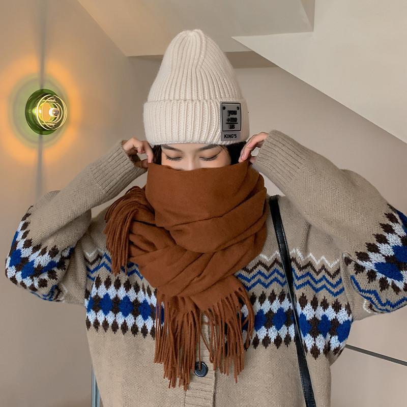 Solid Color Wool Scarf for Women Autumn and Winter Tassel Air Conditioned Room Shawl Green Red Winter Men's Cashmere Scarf