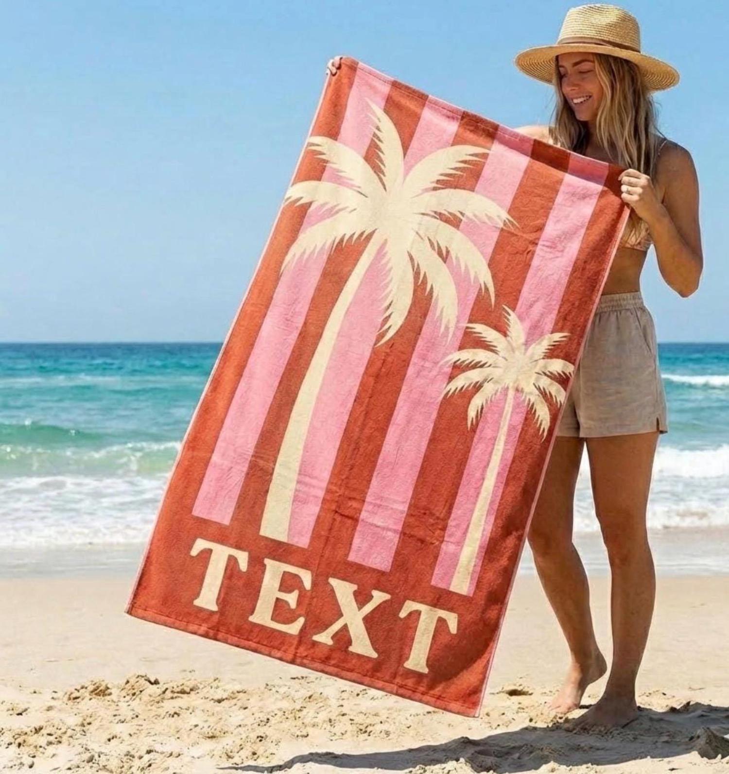 

Palm Tree Print Beach Towel, Striped Design Quick-Dry Towel with Text for Beach, Pool, Summer Vacations and Tropical Geta W30*H60(CM)