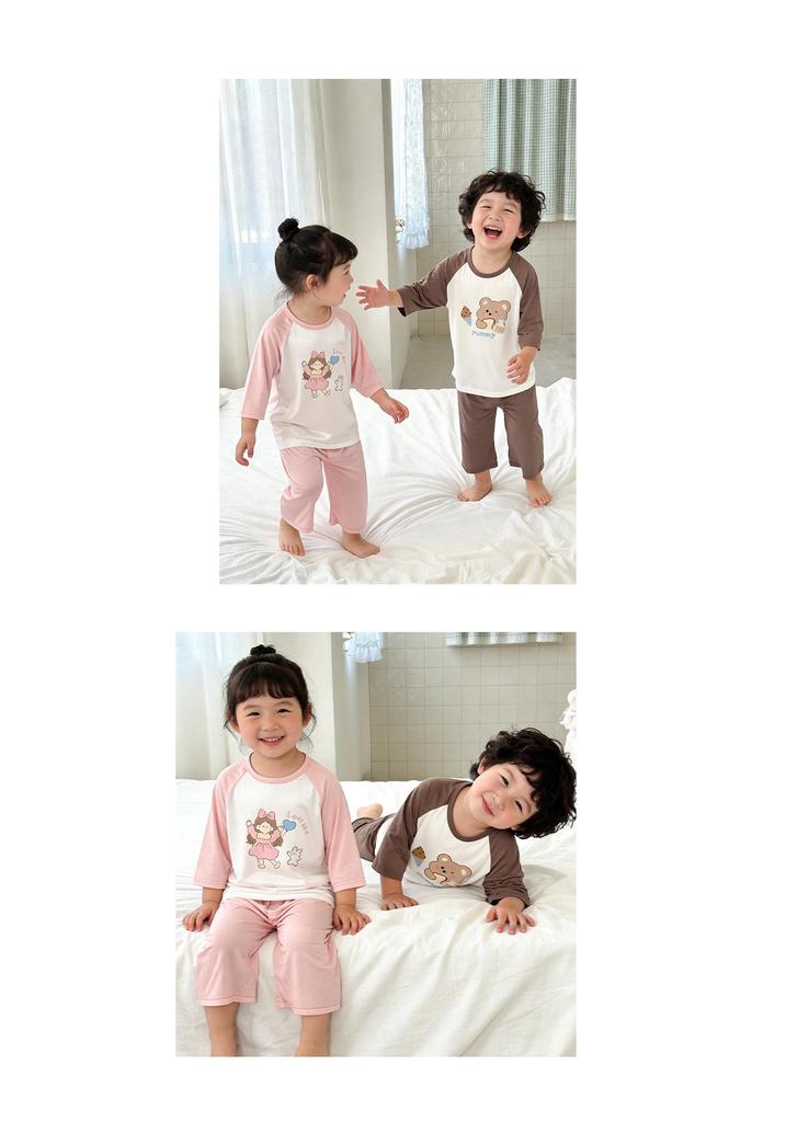 Girls' Air-Conditioned Pajama Set: 7-Point Sleeve & Pants, Ages 2-15, Sizes 80-160cm, Breathable Summer Sleepwear
