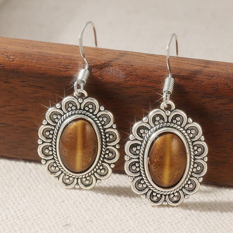 

Vintage Copper Color Brown Stone Dangle Earrings Woman Oval Carving Flower Daily Wear