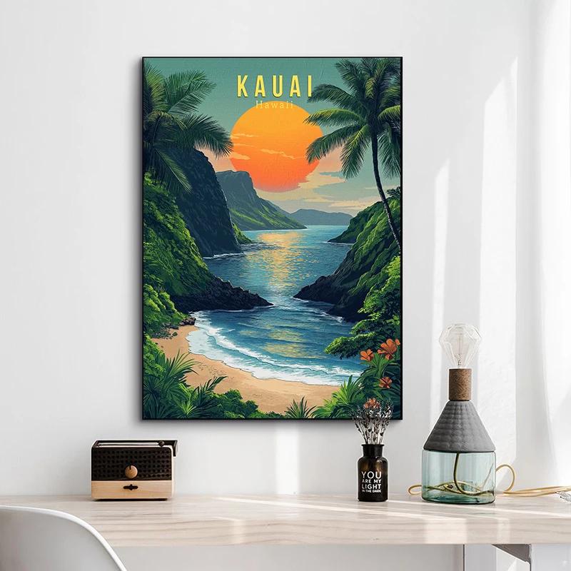 Hawaii Travel Posters Oahu Waikiki Sunset Vintage Tropical Prints Beach Ocean Canvas Painting Wall Art Pictures Home Room Decor