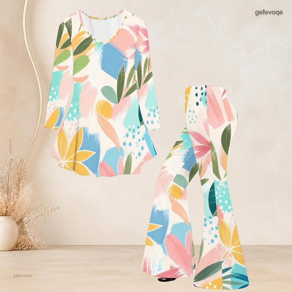 Women Plus Size V Neck Three Quarter Sleeve Printed Flared Top Flared Pants Two Piece Set