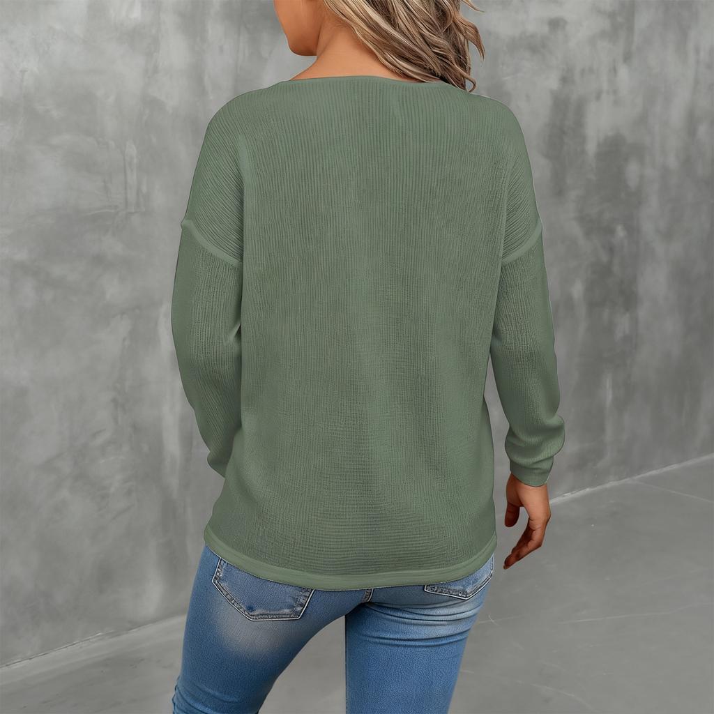 Women's Comfortable Loose Fashion Casual Solid Color V-Neck Long Sleeve Plus Size T-Shirt Top