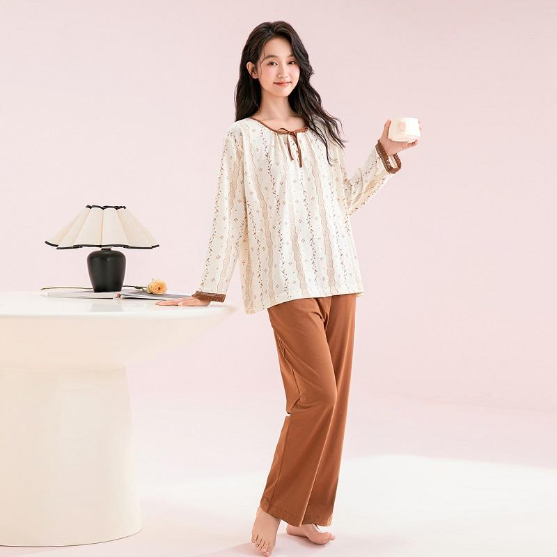 Fenteng 100% Cotton Spring Drawstring Round Neck Romantic Floral Long-Sleeved Home Suit Set for Women