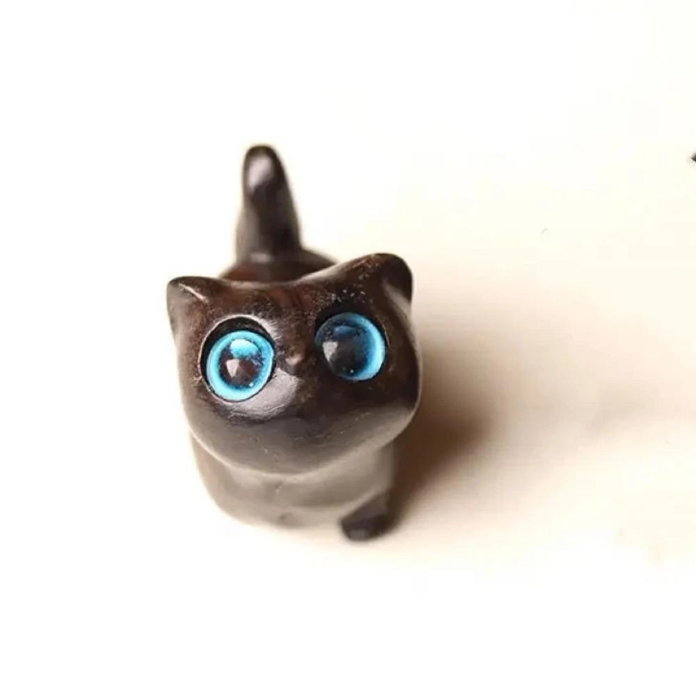 Grünes Sandelholz Glückskatzenfiguren Desktop-Ornament, Holz Tierstatue, Niedliche schiefköpfige neugierige Katze für Heimdeko, Als Geschenk