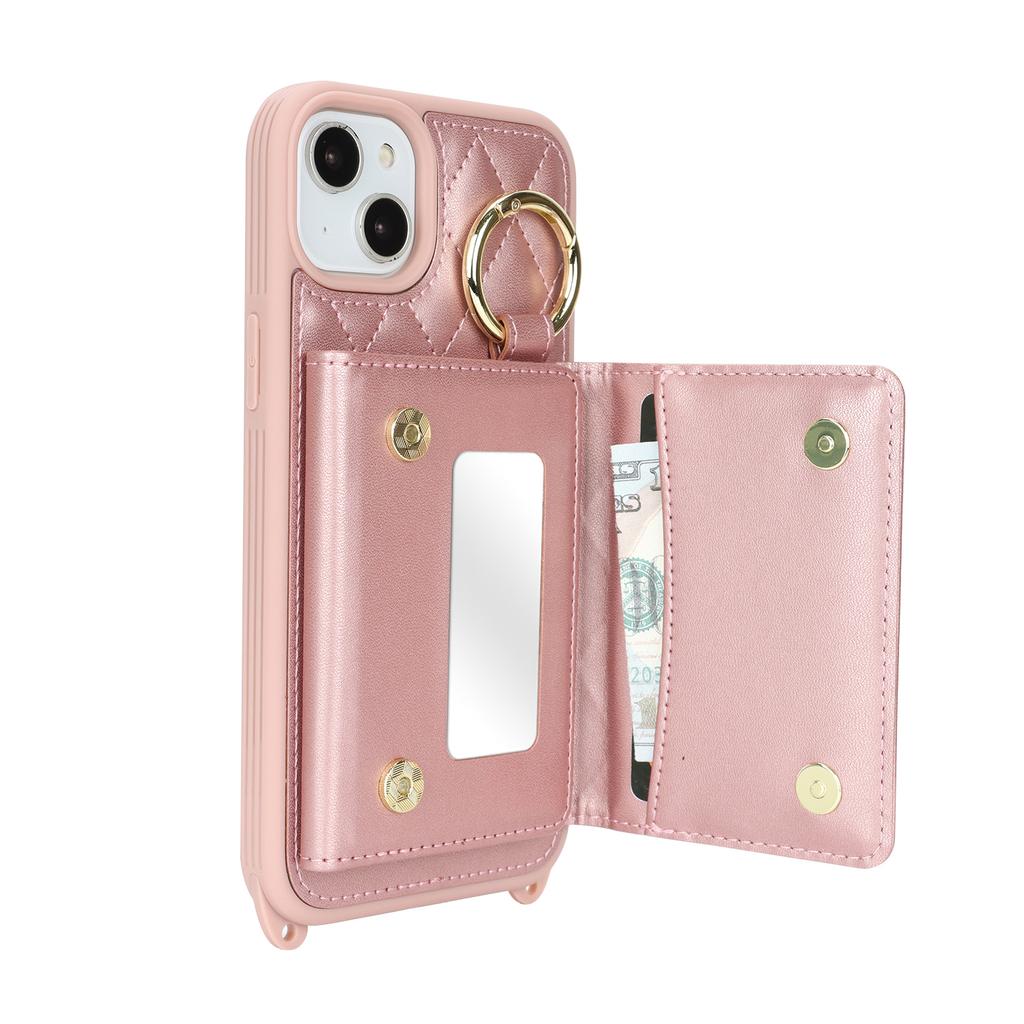 For iPhone 15 Plus/14 Plus Case with Lanyard/Mirror/Card Holder Grids Pattern RFID Blocking Phone Cover