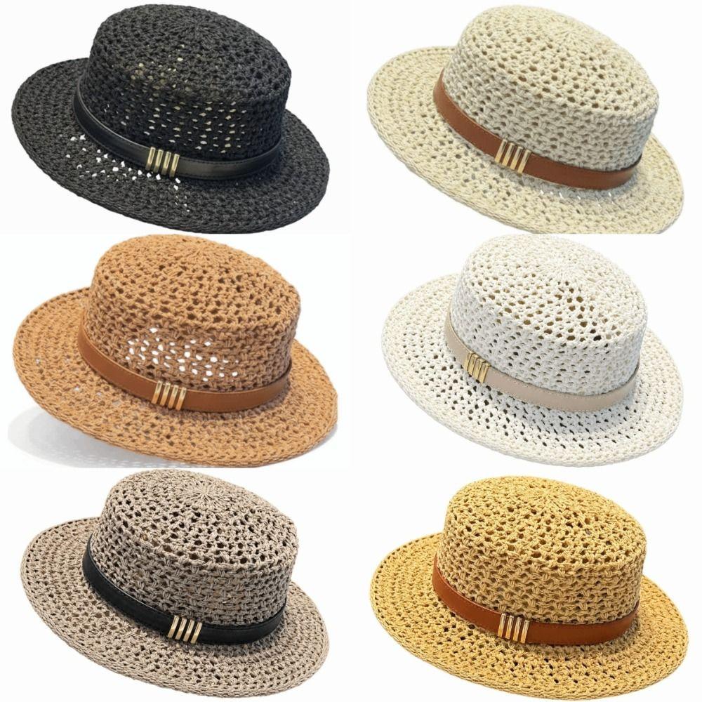 Wide Brim Sunshade Straw Hat Vintage Style Flat Top Straw Hat Mesh Woven Straw Hat  Beach Vacation