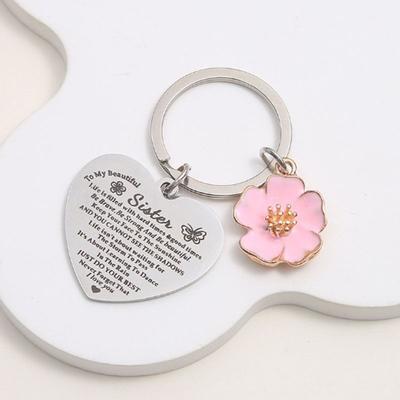 1 Stück Pfirsichherz Gravierter Edelstahl Schlüsselanhänger Tasche Auto Schlüsselanhänger Blume Schlüsselring Zubehör