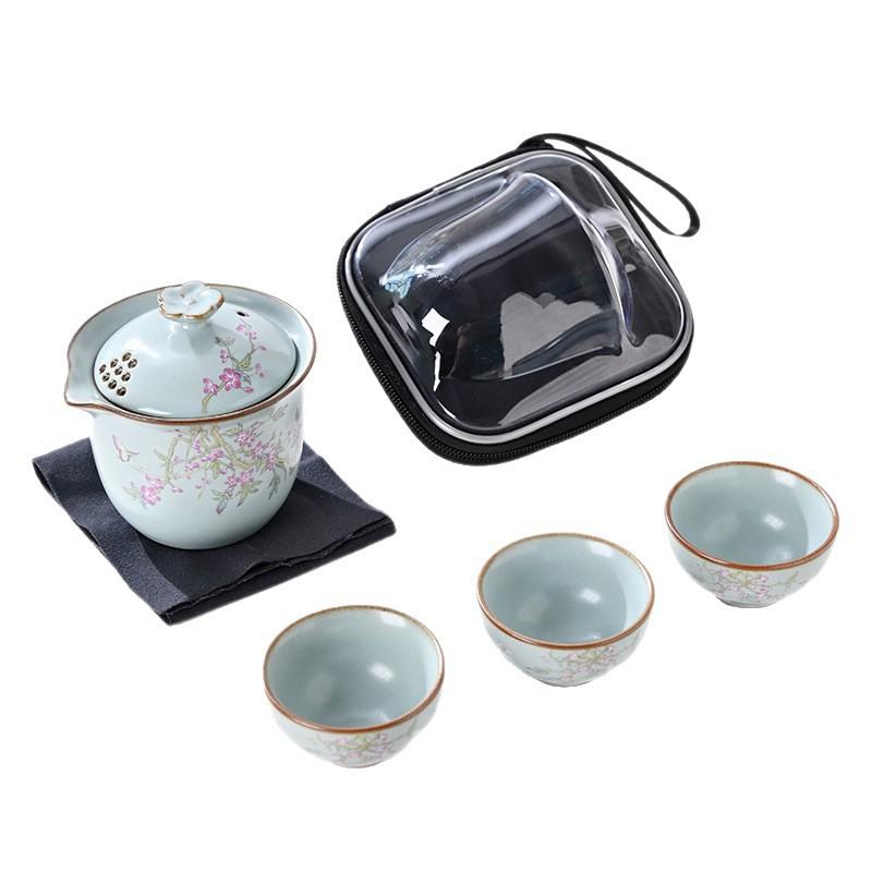 Ru kiln portable travel tea set Kuaike cup outdoor leather bag storage bag travel advanced sense camping