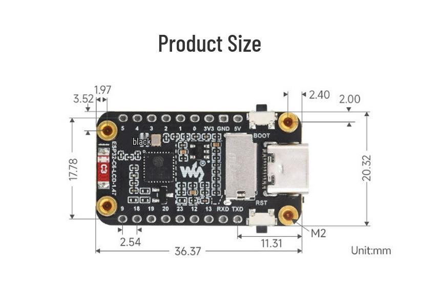 ESP32-C6 Development Board with 1.47" LCD, WiFi 6, Bluetooth 5, BLE, Onboard Antenna.