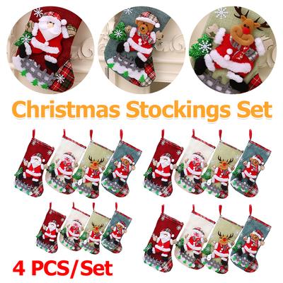 4PCS Christmas Stockings Set Large Capacity Surprised Gift Bag Set Plush Santa Claus Snowman Bear Elk for Home Classroom Party