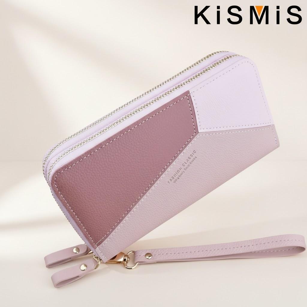 

Fashion Women Clutch Wallet Phone Bag Double Zipper Card Holder Patchwork Coin Purse Pink Leather Wallets for Women рожевий