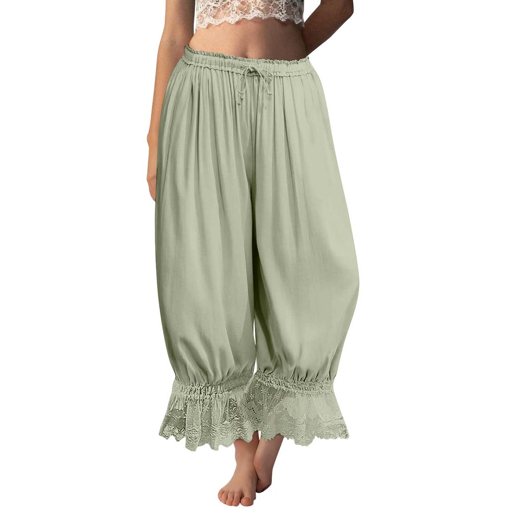 Women's Lace-Trimmed Long-Length Ruffled Vintage Wide-Leg Pants Summer Beach Travel Vacation Pants