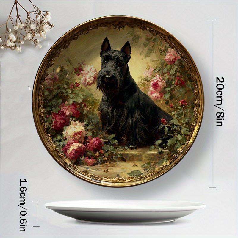1pc Hand-Painted Scottish Terrier & Rose Garden Ceramic Plate - Round Art Deco Black Dog & Pink Roses Dish, Golden Accent Home