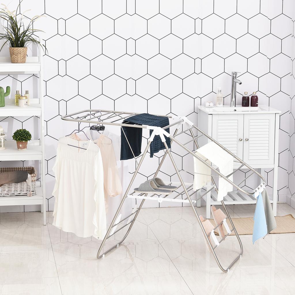 Clothes Airer 1.48 M Drying Length Portable Standing Dryer with Telescopic Rods, Wing Clothes Airer Clothes Dryer for Indoor and Outdoor, Silver+White