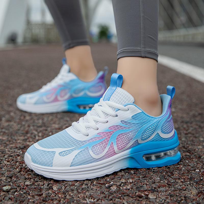 Air Cushion Women's Shoes Running Shoes Flying Woven Mesh Shoes Lace-up Size Sports Shoes Women's Flat Bottom Shock Absorption Casual Shoes Large Size