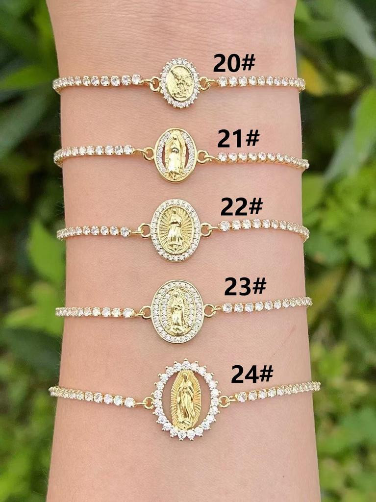 Gold Tennis Chain Religious Bracelet Virgin Mary Cross Heart Medal Charms Crystal Rhinestone Dainty Catholic Faith Jewelry