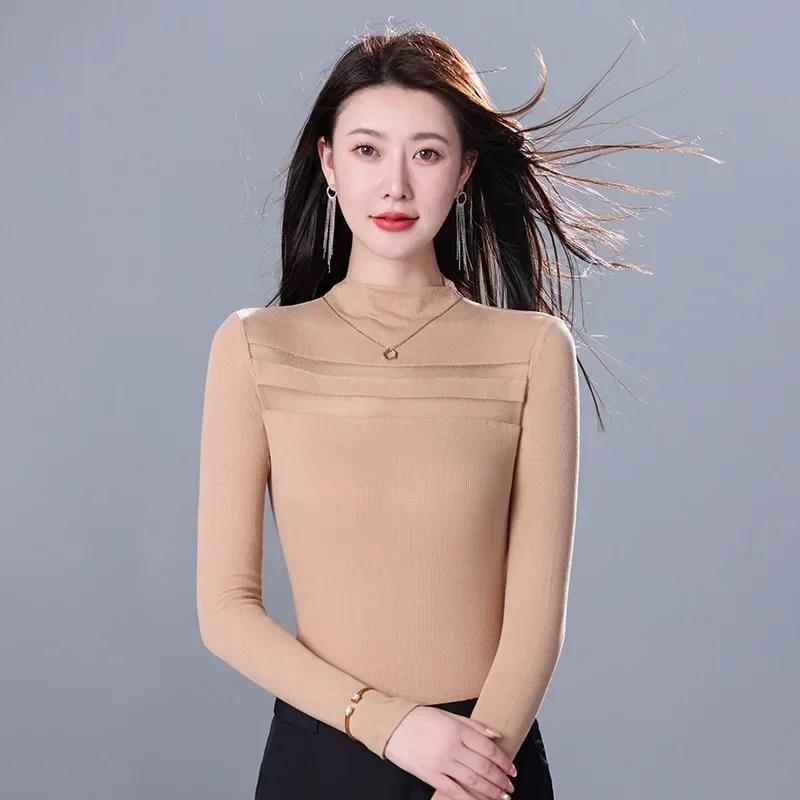 Herbst Bodenbildung Gestricktes T-shirt Frau Langarm Solide Frauen T-shirt Slim Fit Hälfte Rollkragen T-shirts Beiläufige Dünne Tees 29839