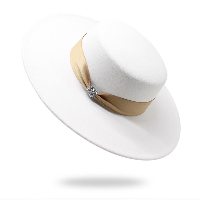 Flat Top Top Hat Female British Versatile Retro Beige Woolen Black White Felt Hat 10Cm