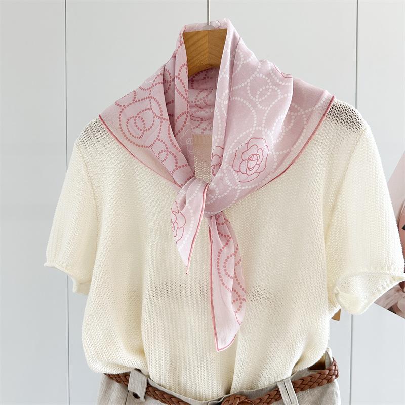 111 mulberry silk georgette square scarf, handmade curled pink camellia print light and breathable silk scarf women's batch