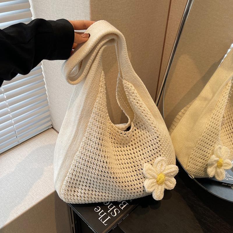 Floral Crochet Shoulder Bag Bohemian Knitted Hollow Out Tote Crochet Underarm Bag for Women Summer Beach CLE