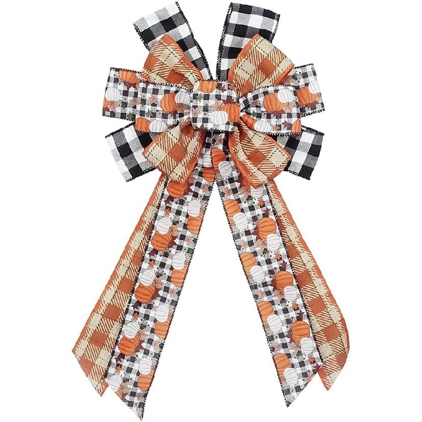 Large Fall Plaid Bow for Wreath, Autumn Thanksgiving Bow for Front Door Indoor Outdoor Wall Decoration Supplies Ornaments