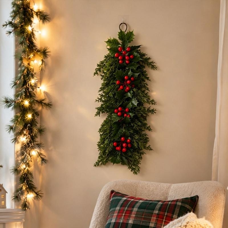Indoor Seasonal Wall Decoration for Christmas Display with Artificial Plant Red Fruit Detail and Hanging Loop Placement Use