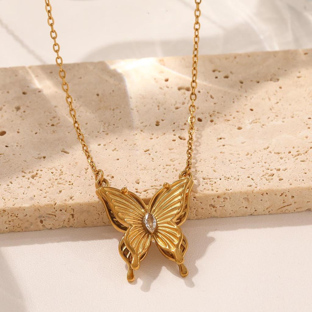 Elegant Butterfly Necklace - Gold-Plated Stainless Steel with Diamond Accents, Two-tone Design