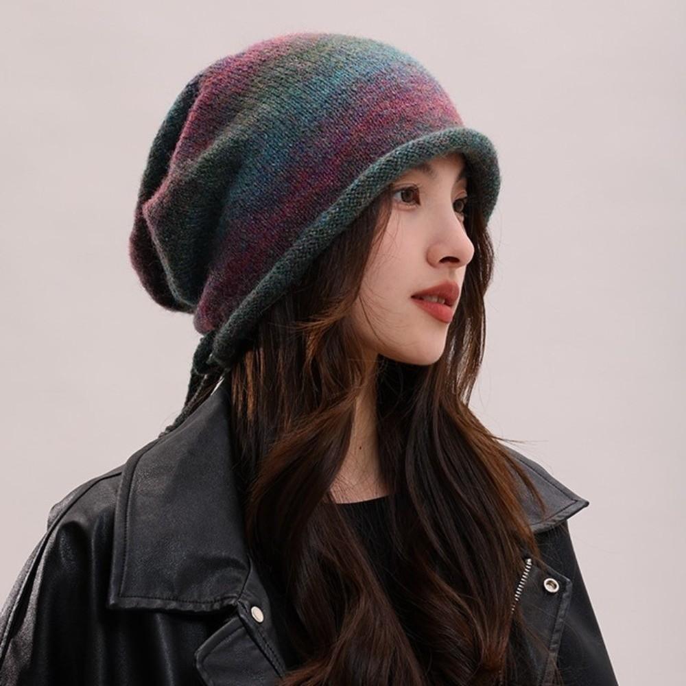 Rolled Brim Drawstring Beanies Hat Loose Y2K Pullover Cap Simple Brimless Beanie Cap Warmer