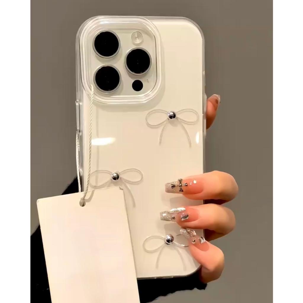 INS Bow Suitable for Apple 16/15 Promax Mobile Phone Case Iphone14pro Cute Cartoon 13 Pearls