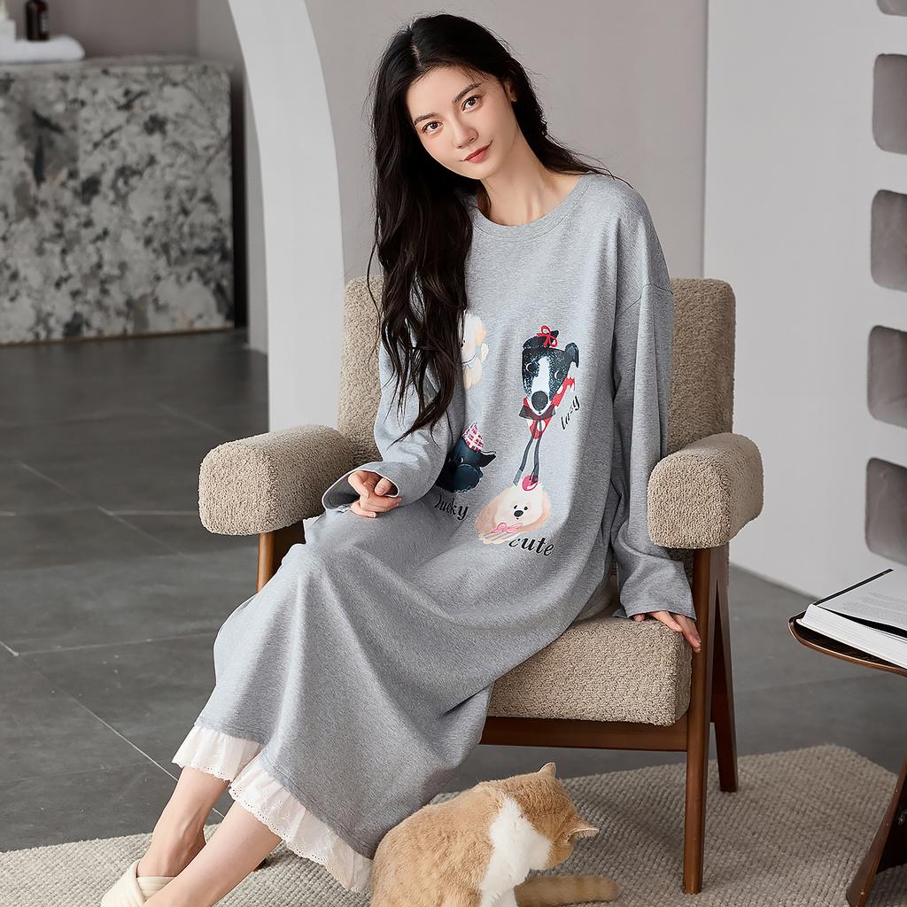 Spring And Autumn Cotton Long-Sleeved Pajamas Pajamas Women'S Thin Loose And Cute Cartoon Medium And Long Loungewear