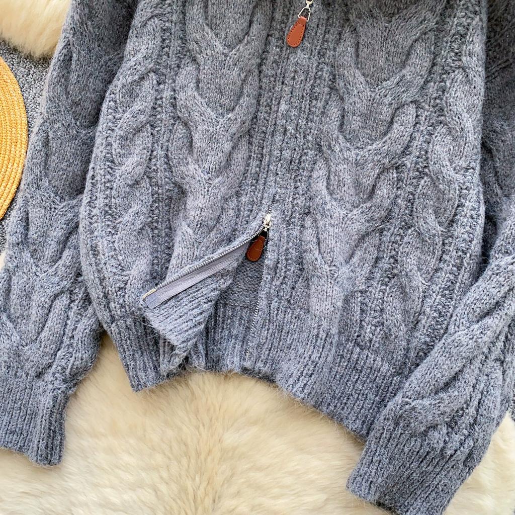 Autumn Winter Women Casual Turtleneck Zipper Twist Knitted Sweater Cardigans Tops Jacket Coat