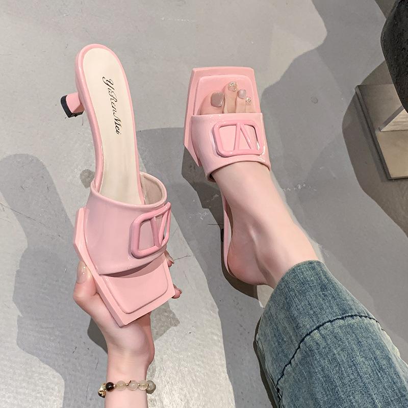 

Літо 2025 нові квадратний носок туфлі на високих підборах тонкі підбори лакована шкіра однослівні повсякденні туфлі на високих підборах 40 рожевий