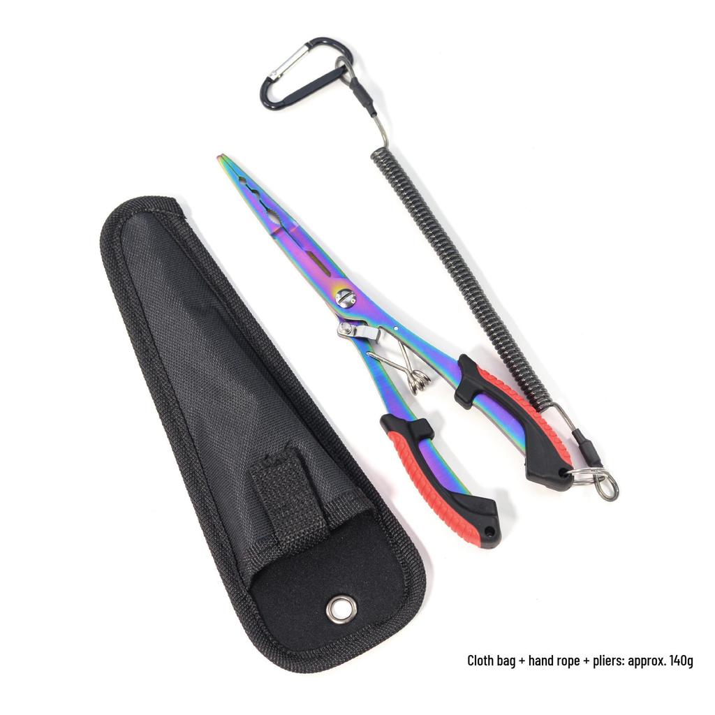 Long Nose Multifunctional Fishing Pliers: Lure, Fish Mouth Clamp, Hammer, Line Cutter, and Hook Control Tool.